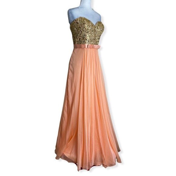 La Femme $480 NWT 19282 Apricot Beaded Chiffon Strapless Formal Gown Sz 14 - Picture 6 of 16